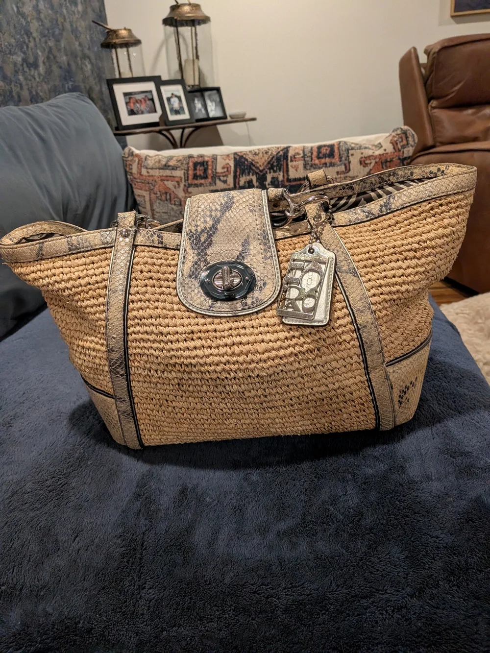 COACH Hampton Woven Straw Tote with Snakeskin Trim - Natural